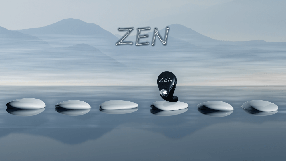 Zen in ear monitor on rock in lake