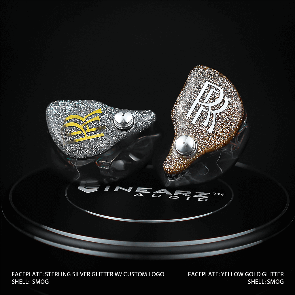 Inearz silver and smoky quartz glitter with RR logo