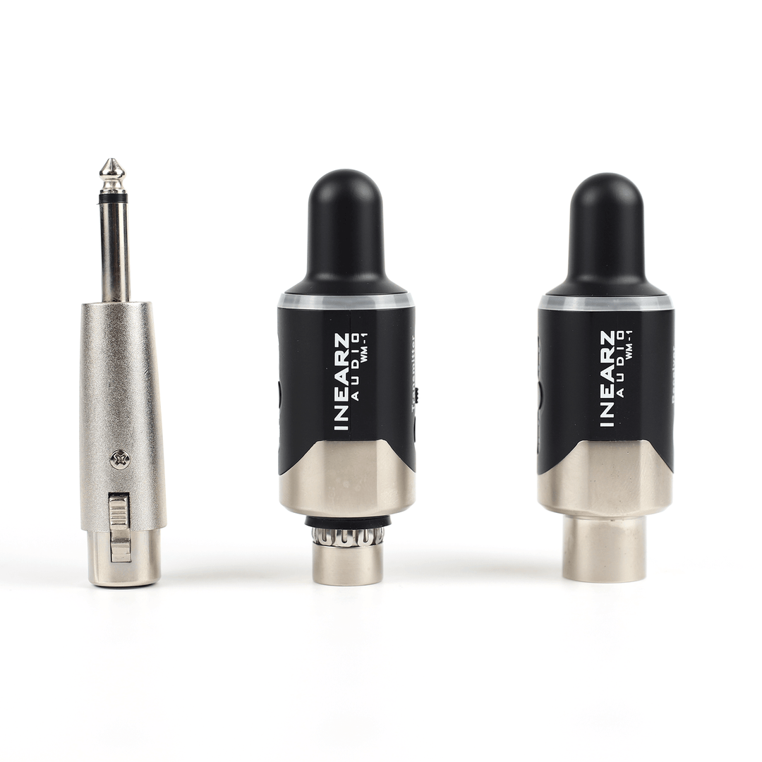 Wireless mic tramitter and receiver and quarter inch adapter with 'INEARZ' branding on a white background
