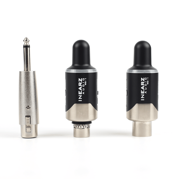 Wireless mic tramitter and receiver and quarter inch adapter with 'INEARZ' branding on a white background