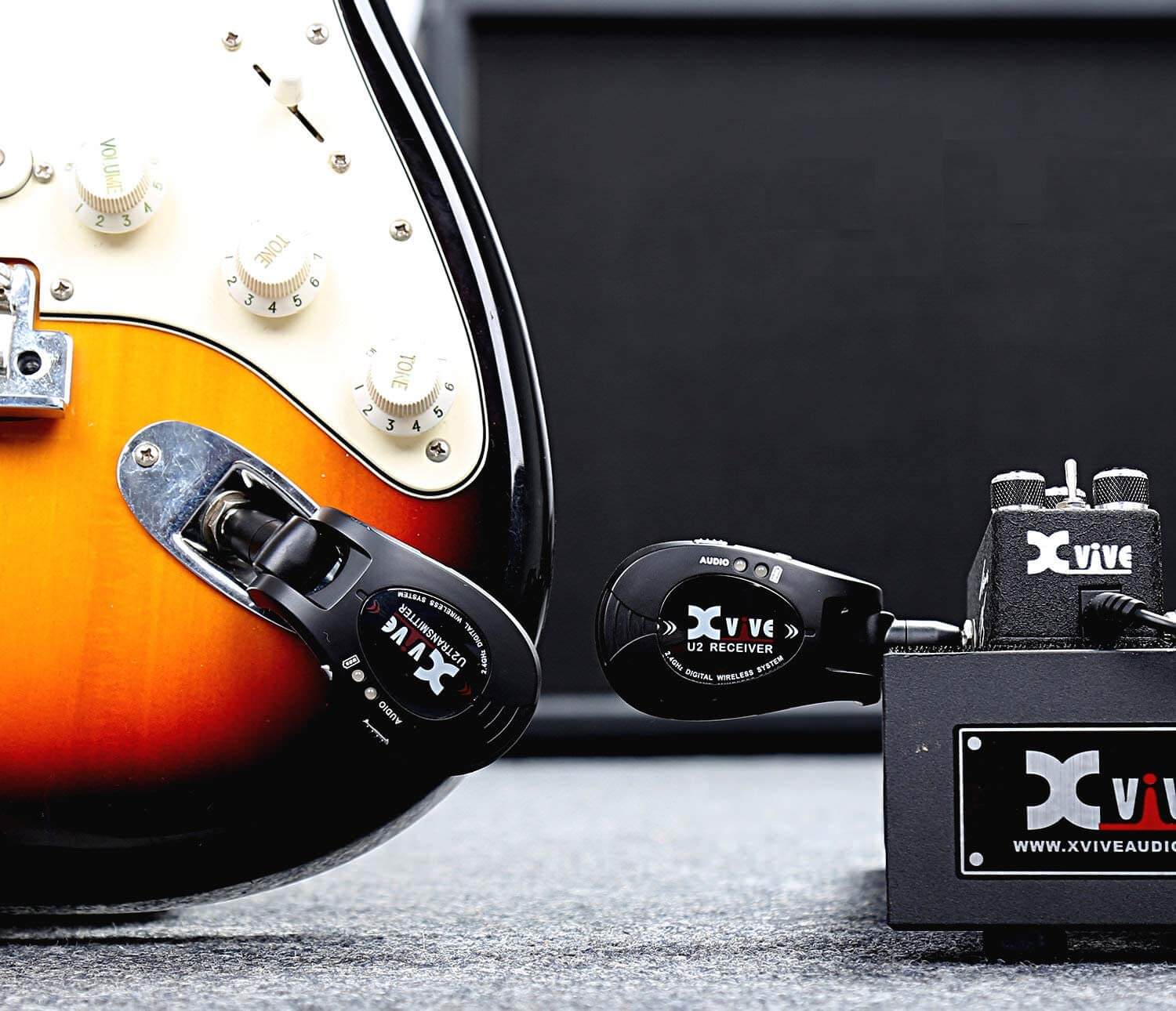 Xvive Guitar Wireless System shown on guitar | InEarz Audio